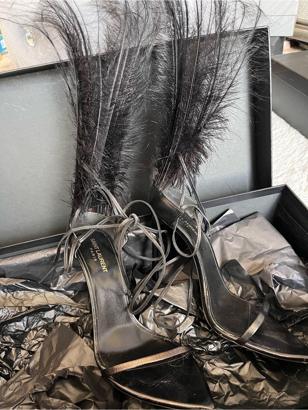 Saint Laurent Black Feather Lace-Up Sandals